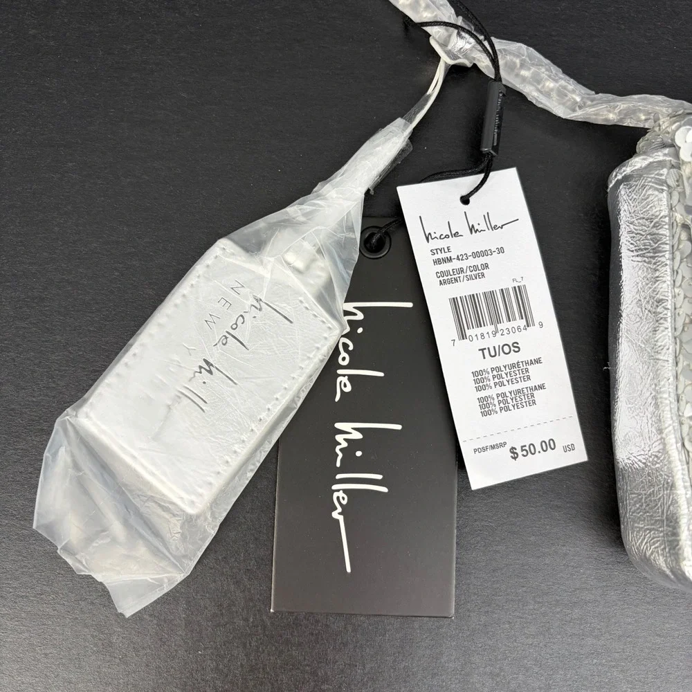 Nicole Miller Sequin Crossbody Clutch Evening Bag Silver Chevron Metallic‎ Small